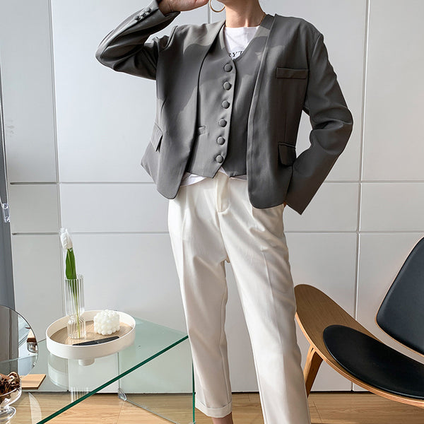 Grey Womens Suit Jacket 2 Piece Spring Autumn Single-Breasted Sleeveless Vest + Korean Loose Cardigan Blazers Female Clothes
