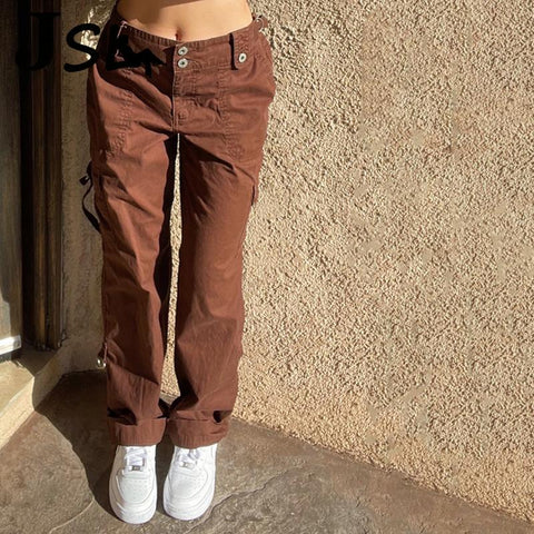 Grunge Brown Vintage Cargo Jeans Mom Retro Harajuku Denim Trousers Pockets Patchwork Y2K Streetwear Women Hip Hop Pants Autumn