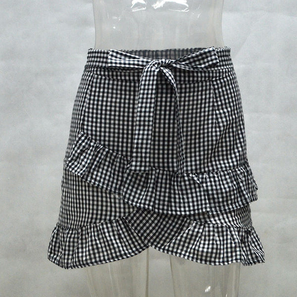 Lace up plaid short skirt women Ruffle high waist bow tie A-line skirts female botto Vintage mini skirt summer beach