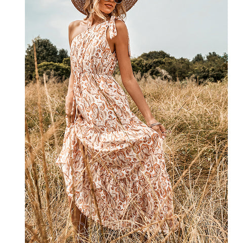 GypsyLady One Shoulder Floral Maxi Dress Vinatege Printed Backless Women Dress Summer Holiday Bow Tie Ruffles Ladies Dress 2023