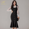H Han Queen 2 Pieces Set Hollow Lace Top And Single-breasted Mermaid Skirts Korean Chic Evening Party Elegant Office Lady Suit