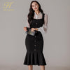 H Han Queen 2 Pieces Set Hollow Lace Top And Single-breasted Mermaid Skirts Korean Chic Evening Party Elegant Office Lady Suit