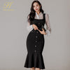 H Han Queen 2 Pieces Set Hollow Lace Top And Single-breasted Mermaid Skirts Korean Chic Evening Party Elegant Office Lady Suit