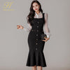 H Han Queen 2 Pieces Set Hollow Lace Top And Single-breasted Mermaid Skirts Korean Chic Evening Party Elegant Office Lady Suit
