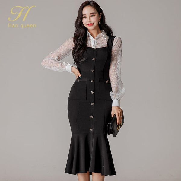H Han Queen 2 Pieces Set Hollow Lace Top And Single-breasted Mermaid Skirts Korean Chic Evening Party Elegant Office Lady Suit