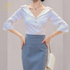 H Han Queen 2 Pieces Set Women Autumn White Satin Shirts Blouses And High Waist Bodycon Pencil Skirts Korean Office Lady Suit
