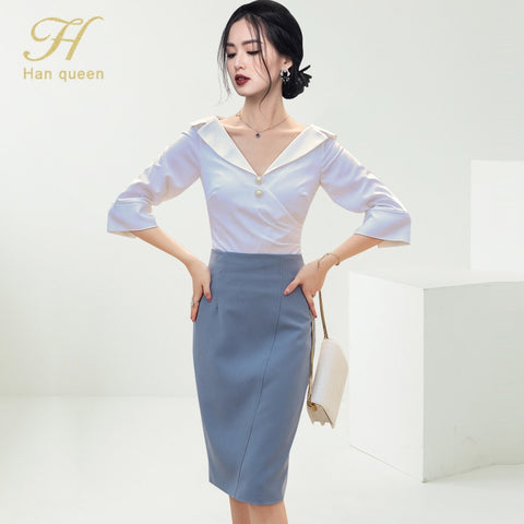 H Han Queen 2 Pieces Set Women Autumn White Satin Shirts Blouses And High Waist Bodycon Pencil Skirts Korean Office Lady Suit