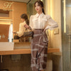 H Han Queen 2 Pieces Set Women 2022 Autumn Long Sleeve Shirts And High Waist Printed Ruffle Skirts Office Lady Skirt Suit