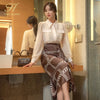 H Han Queen 2 Pieces Set Women 2022 Autumn Long Sleeve Shirts And High Waist Printed Ruffle Skirts Office Lady Skirt Suit