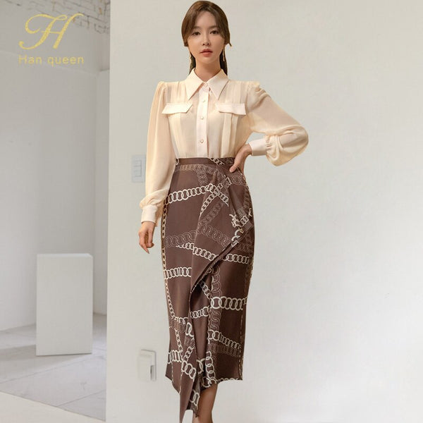 H Han Queen 2 Pieces Set Women 2022 Autumn Long Sleeve Shirts And High Waist Printed Ruffle Skirts Office Lady Skirt Suit