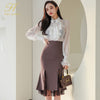 H Han Queen 2 Pieces Suit Women Ruffle Chiffon Top And Sheath Mermaid Skirts Elegant Slim Stitching Lace Split Lady Skirt Suit