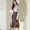 H Han Queen 2 Pieces Suit Women Ruffle Chiffon Top And Sheath Mermaid Skirts Elegant Slim Stitching Lace Split Lady Skirt Suit