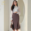 H Han Queen 2 Pieces Suit Women Ruffle Chiffon Top And Sheath Mermaid Skirts Elegant Slim Stitching Lace Split Lady Skirt Suit