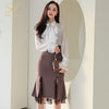 H Han Queen 2 Pieces Suit Women Ruffle Chiffon Top And Sheath Mermaid Skirts Elegant Slim Stitching Lace Split Lady Skirt Suit