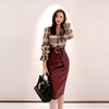 H Han Queen 2 Pieces Suits Women Autumn Plaid Printed Suede Work Sheath Bodycon Pencil Skirt Office Set