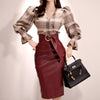 H Han Queen 2 Pieces Suits Women Autumn Plaid Printed Suede Work Sheath Bodycon Pencil Skirt Office Set