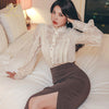 H Han Queen 2 Pieces Suits Women Patchwork Lace Shirt Top & Mid Split Sheath Pencil Skirt Simple Office Lady Skirt Suit