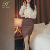 H Han Queen 2 Pieces Suits Women Patchwork Lace Shirt Top & Mid Split Sheath Pencil Skirt Simple Office Lady Skirt Suit