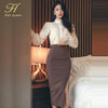 H Han Queen 2 Pieces Suits Women Patchwork Lace Shirt Top & Mid Split Sheath Pencil Skirt Simple Office Lady Skirt Suit
