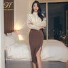 H Han Queen 2 Pieces Suits Women Patchwork Lace Shirt Top & Mid Split Sheath Pencil Skirt Simple Office Lady Skirt Suit