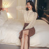 H Han Queen 2 Pieces Suits Women Patchwork Lace Shirt Top & Mid Split Sheath Pencil Skirt Simple Office Lady Skirt Suit