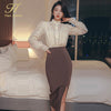 H Han Queen 2 Pieces Suits Women Patchwork Lace Shirt Top & Mid Split Sheath Pencil Skirt Simple Office Lady Skirt Suit