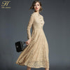 Spring Jacquard Lace Dress Women Hollow Out Single-breasted Casual Vestido Elegant Slim Party Work Long Dresses