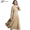 Spring Jacquard Lace Dress Women Hollow Out Single-breasted Casual Vestido Elegant Slim Party Work Long Dresses