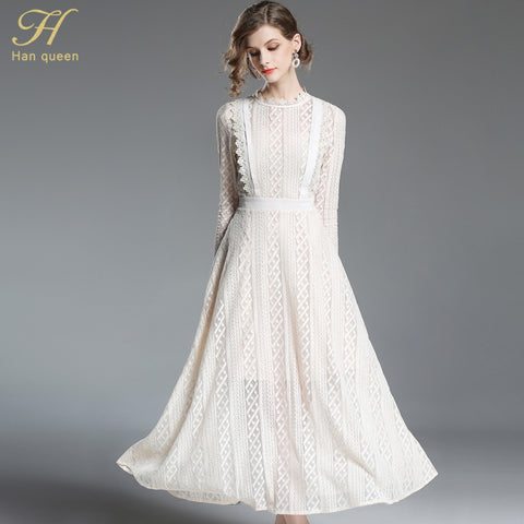 2022 Spring Women Lace Dress High-End Ladies O-Neck stitching Runway Vintage Female Slim Sexy Party Dresses