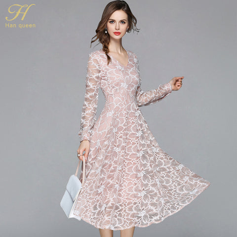 2022 Summer Lace Dress Work Casual Slim Work Women Party Dresses V-neck Sexy Hollow Out A-line Vintage Vestidos
