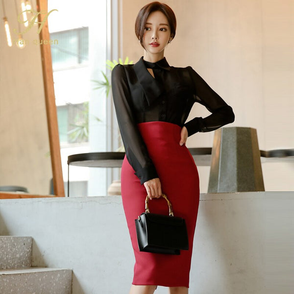 H Han Queen 2022 OL Work Wear 2 Pieces Set Women Sexy Perspective Chiffon Blouses & High Waist Sheath Pencil Bodycon Skirt