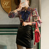 H Han Queen 2022 OL Work Wear 2 Pieces Set Womens Bow Single-Breasted Print Blouses & high Waist Sheath Pencil Leather Skirt