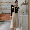 H Han Queen 2023 2 Pieces Set Winter Women's Knitted Single Breasted Top + Mid A-Line Skirt Korean Simple Casual Skirt Suit