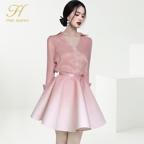 H Han Queen 2022 2 Pieces Set Women Autumn Long Sleeve Shirts Blouses And Tutu Skirts Korean Chic Office Lady Skirts Suit