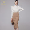 H Han Queen 2022 Spring Elegant Sets Off The Shoulder Shirt & High Waist Pencil Skirt Suit Womens Casual Occupation 2-Piece Set