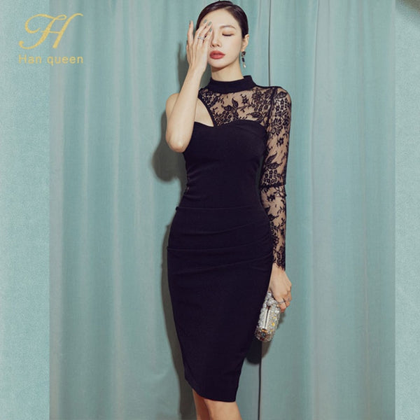 H Han Queen 2023 Spring Korean Elegant Sexy Lace Stitching Sheath Bodycon Pencil Dress Office Lady Black Chic Party Dresses