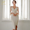 H Han Queen Autumn Irregular Sheath Dress Women Elegant Retro Dresses V-Neck Lace Patchwork Slim Party Special Occasion Vestidos