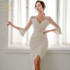 H Han Queen Autumn Irregular Sheath Dress Women Elegant Retro Dresses V-Neck Lace Patchwork Slim Party Special Occasion Vestidos