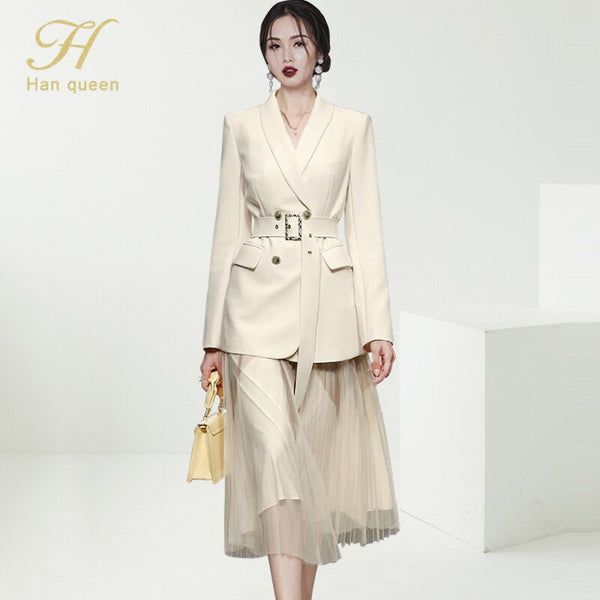 H Han Queen Autumn 2 Pieces Set Women Blazer Trench Coat And Bottoming Sling Mesh Skirts Korean Chic Office Lady Skirts Suit