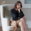 H Han Queen Autumn Round neck Puff sleeve 2 Pieces Suits Black Shirt Crop Top + Solid Color Sheath Bodycon Pencil Skirt Work Set