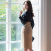 H Han Queen Autumn Round neck Puff sleeve 2 Pieces Suits Black Shirt Crop Top + Solid Color Sheath Bodycon Pencil Skirt Work Set