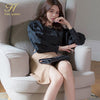 H Han Queen Autumn Round neck Puff sleeve 2 Pieces Suits Black Shirt Crop Top + Solid Color Sheath Bodycon Pencil Skirt Work Set