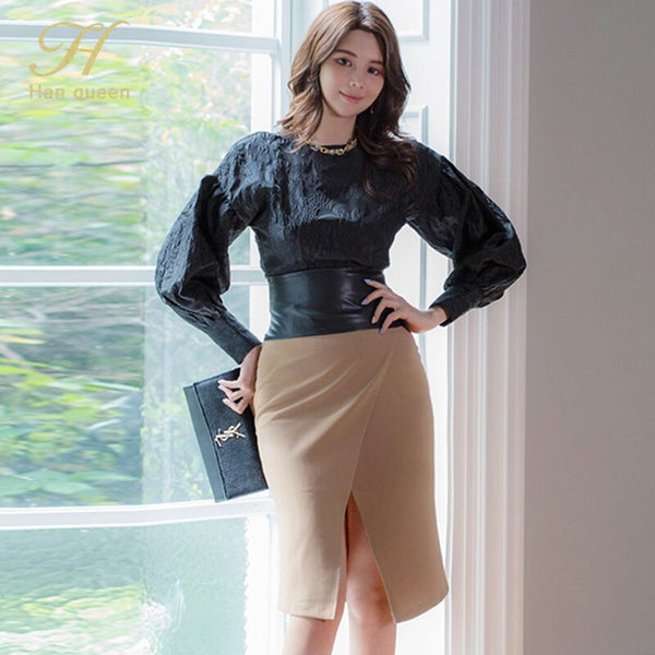 H Han Queen Autumn Round neck Puff sleeve 2 Pieces Suits Black Shirt Crop Top + Solid Color Sheath Bodycon Pencil Skirt Work Set