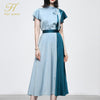 H Han Queen Contrast Satin 2 Pieces Set Women Summer Lace-Up Shirts Blouses And High Waist A-Line Midi Skirts Office Lady Suit