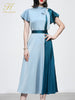 H Han Queen Contrast Satin 2 Pieces Set Women Summer Lace-Up Shirts Blouses And High Waist A-Line Midi Skirts Office Lady Suit
