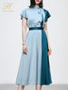 H Han Queen Contrast Satin 2 Pieces Set Women Summer Lace-Up Shirts Blouses And High Waist A-Line Midi Skirts Office Lady Suit