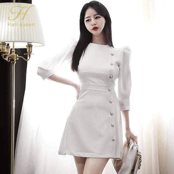 H Han Queen A-Line Vestidos Elegant White Slim Simple Chic Work Wear Dress Womens Buttons Office Casual Dresses