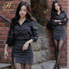 H Han Queen Skirt Suits Womens Elegant Stripe 2 Pieces Sets Long-Sleeved Shirt Crop Top + Sheath Bodycon Pencil Skirt