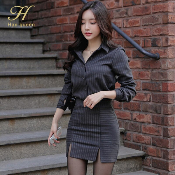 H Han Queen Skirt Suits Womens Elegant Stripe 2 Pieces Sets Long-Sleeved Shirt Crop Top + Sheath Bodycon Pencil Skirt