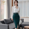H Han Queen Skirt Suits Womens Korean OL 2 Pieces Sets Long-Sleeved Shirt Crop Top + Split Sheath Bodycon Pencil Skirt